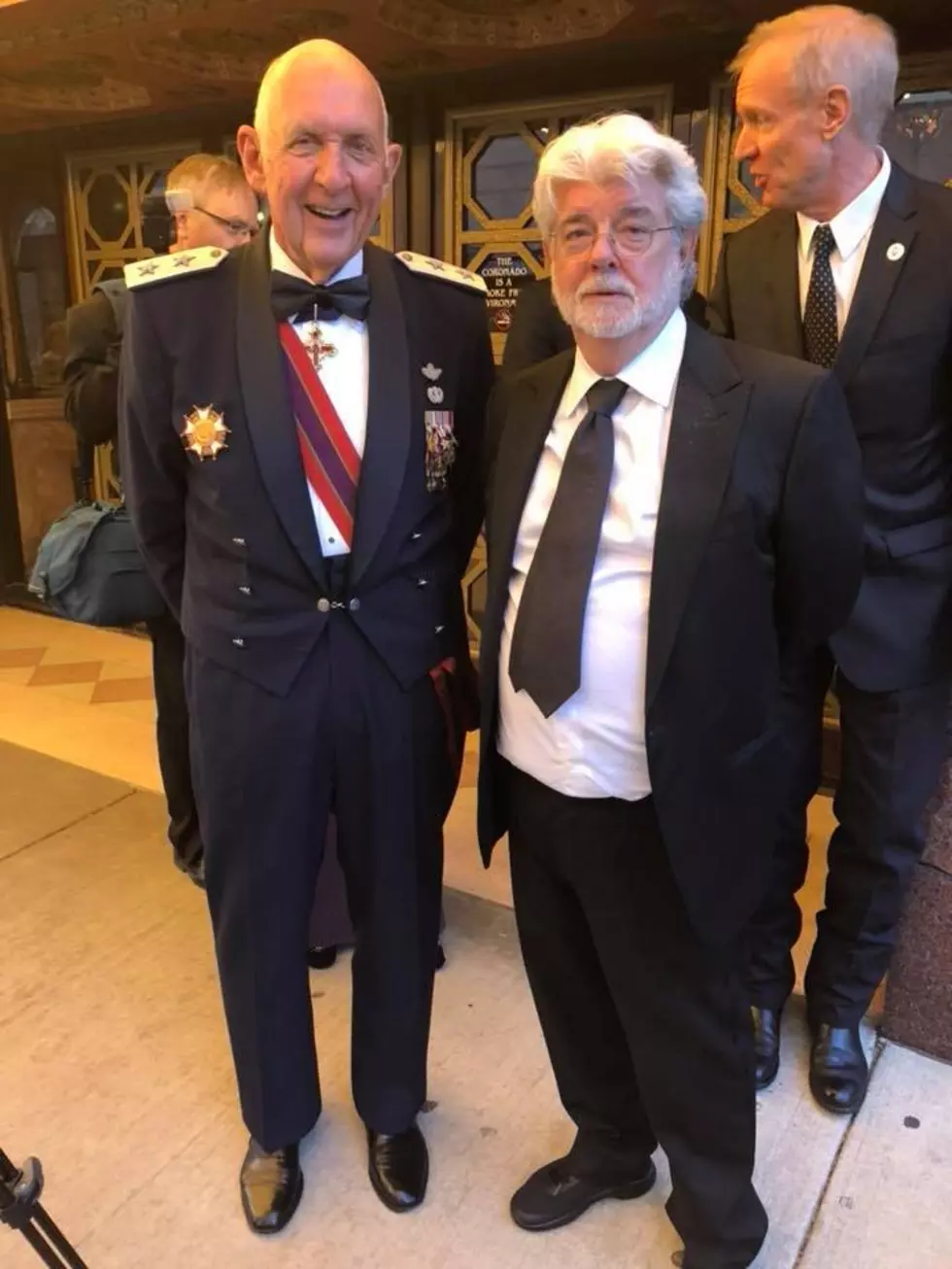 Major General John Borling and George Lucas, plus Bruce Rauner outside the Coronado PAC at The Lincoln Academy Awards May 5, 2018.